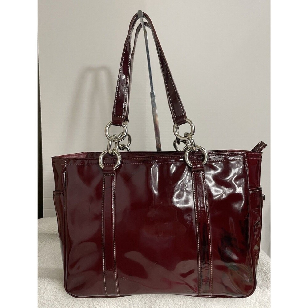 Coach Burgundy Patent Leather Tunrlock Pocket Double Handle Tote Bag READ - Picture 2 of 16